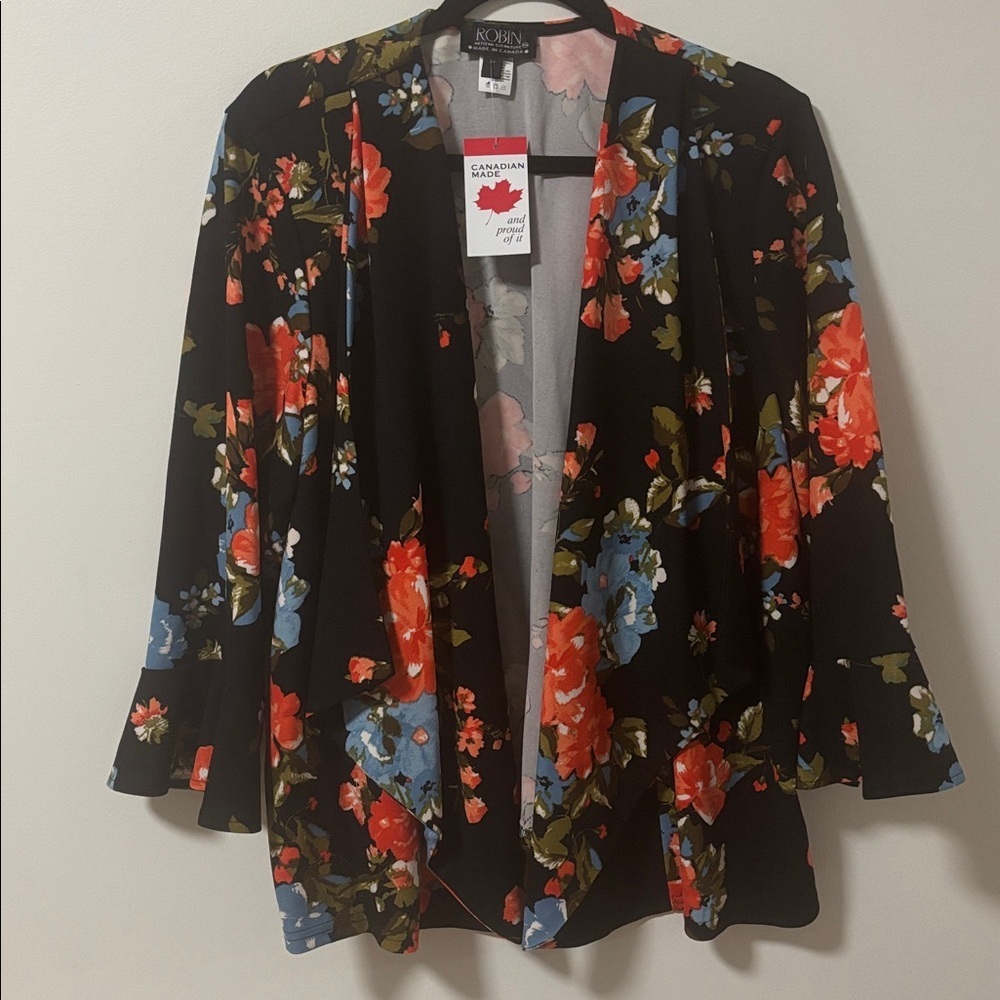 ROBIN ARTIZAN (1X) Floral Black Kimono Blazer Vibrant Lightweight Stretch NWT - Picture 2 of 10